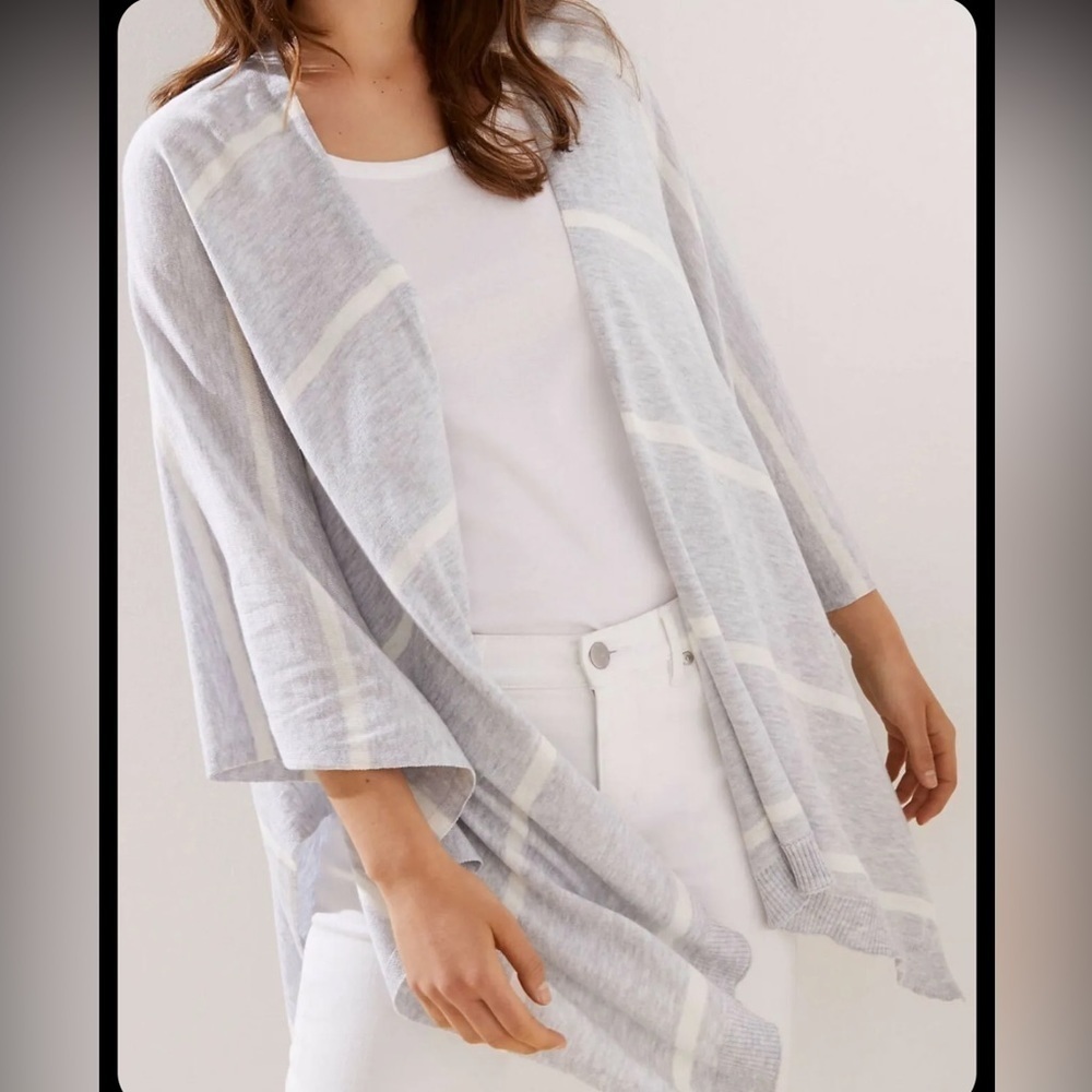 Ann Taylor LOFT Drapey Striped Travel Wrap Top Light Grey Melange